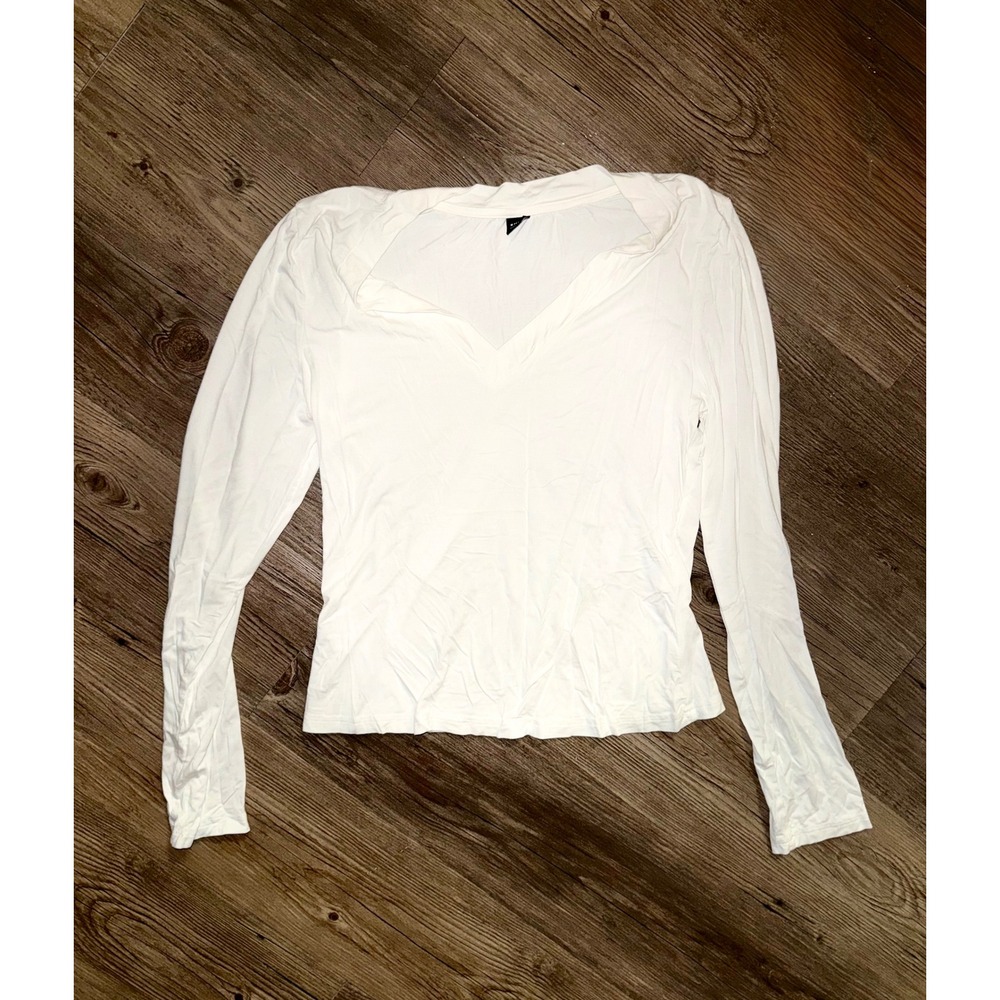 Shein White Long Sleeve V-Neck Top Slim Fit Viscose Blend Size Large
